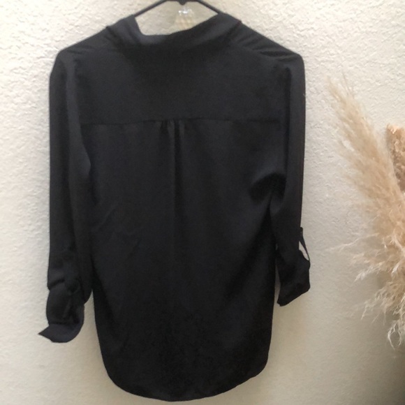 Pleione | surplice Black Faux Wrap Roll Up Sleeves Blouse - Picture 6 of 9